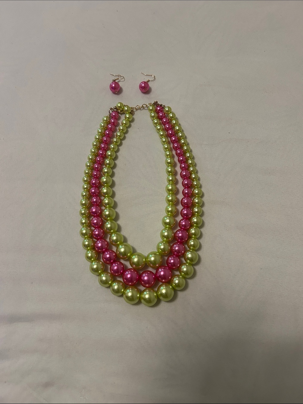 Delicate Pink & Lime Pearl Multi-Strand Necklace with Matching Earrings